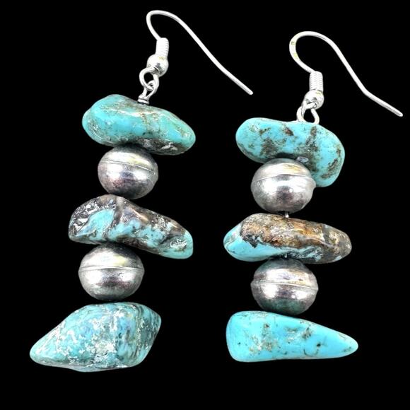 Turquoise Sterling Silver Bench Bead Nugget Stack Southwest 925 Dangle Earrings - Picture 1 of 4